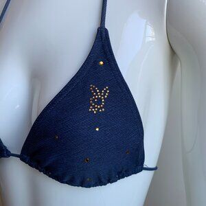 Playboy Swimwear Crystal bunny logo navy blue triangle bikini top swimsuit